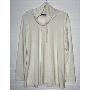 Susan Graver Weekend Long Sleeve Top Cream Large Funnel Neck Drawstring NWOT